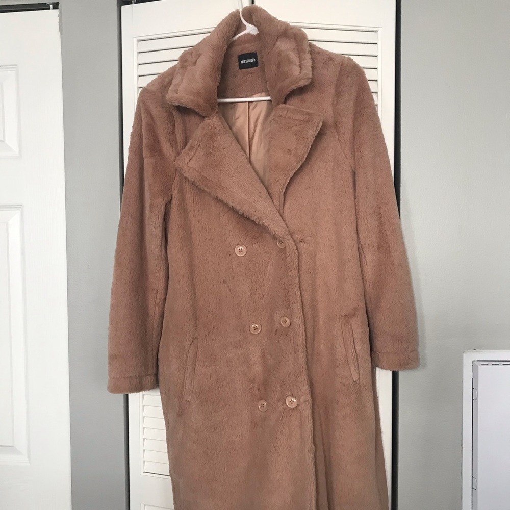 Missguided Calf/Full Length Teddy Camel Coat